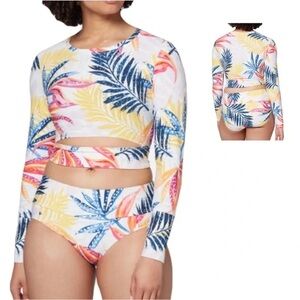 CALIA Carrie Underwood Palm Print Rash Guard Crop Top Keyhole Swim S NWOT